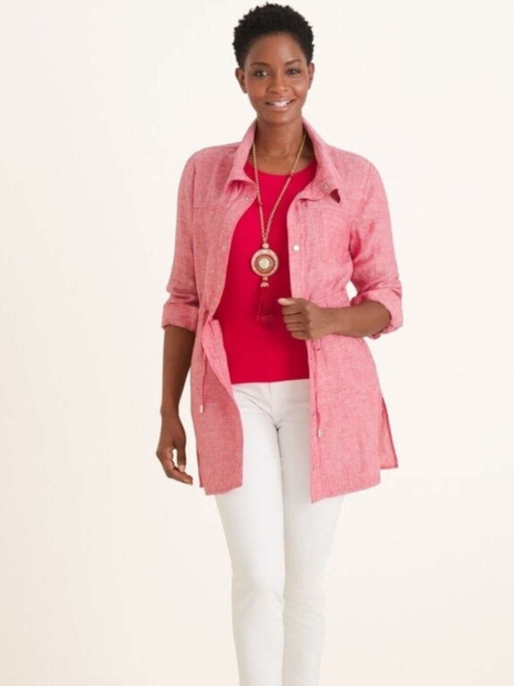 Chico's Cross Dyed Linen Utility Jacket Pink Drawstring Coastal Beach Resort MED